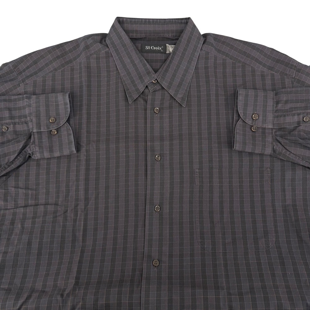 St Croix Mens XL Button Down Shirt Charcoal Grey Grid Cotton Long Sleeve Pocket